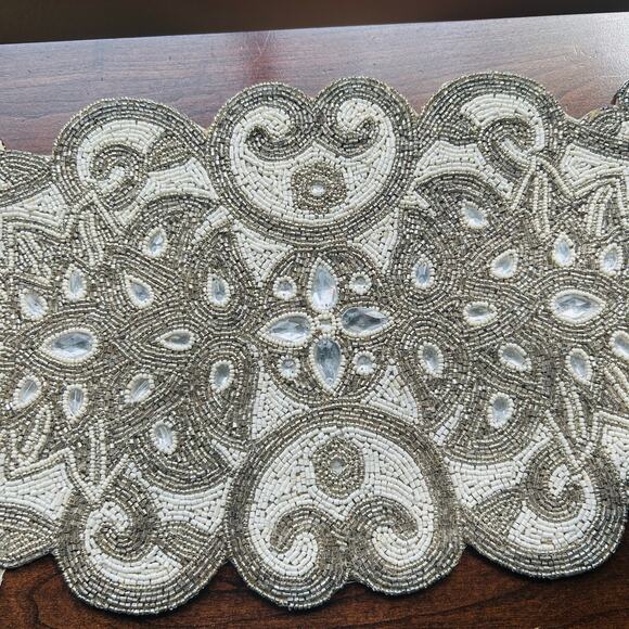 Pier 1 Hand Beaded Table Runner White Silver Luxury Tableware 12x39” - Picture 3 of 16